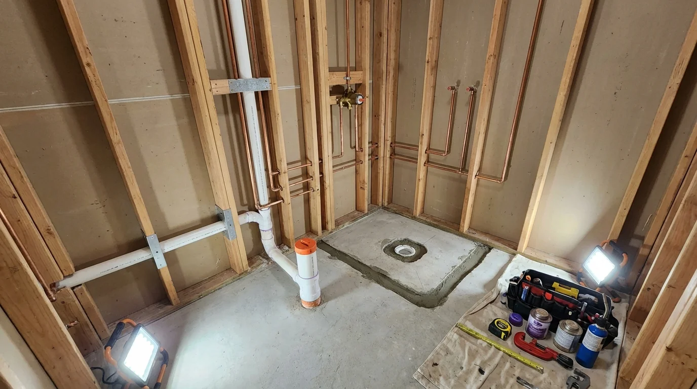 Bathroom rough-in plumbing during remodel by Johns Plumbing LLC in Millbrook