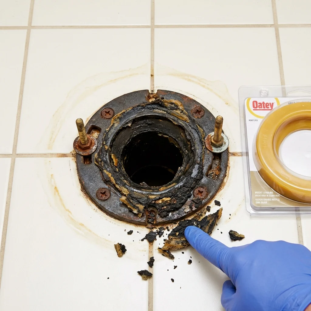 Failed wax ring showing water seepage at the base of a toilet in a Millbrook, AL home